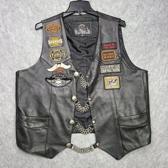 Vintage Black Biker Motorcycle Leather King Vest Size 48 & Harley Davidson Patch - Picture 1 of 16